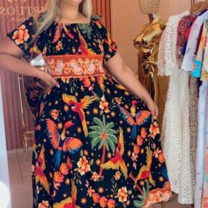 Vestido viscolinho preto floral